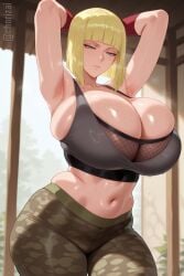 1girls ai_generated ass bangs big_ass big_booty big_breasts blonde_hair blue_eyes blunt_bangs blush bob_cut booty breasts breasts_bigger_than_head camouflage camouflage_pants chorizai cleavage deep_breath eyelashes female female_focus female_only half-closed_eyes kunoichi large_breasts light-skinned_female light_skin looking_at_viewer massive_breasts naruto naruto_(series) naruto_shippuden ninja samui sfw short_hairsolo_focus sports_bra sportswear sweat sweaty sweaty_breasts tight_clothing tight_pants training yoga_pants
