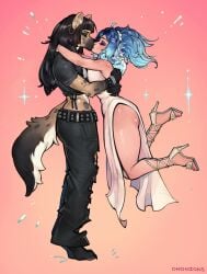 _big_breasts anthro_hyena anthro_on_female anthro_on_human balck_hair boobs_pressed boobs_pressing breast_press breast_squeeze breasts_bigger_than_head couple female female/female female_focus female_hyena female_on_female female_only furry furry_on_human holding holding_waist huge_boobs huge_breasts human hyena kissing long_hair mermaid mermaid_ears ohonions romantic waist waist_grab yuri