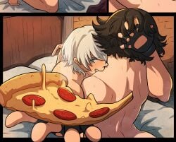 1boy 1girls bed biting biting_neck black_gloves black_hair dante devil_may_cry devil_may_cry_3 female fingerless_gloves food gloves hand_in_another's_hair highres kinkymation lady_(devil_may_cry) male on_bed paid_reward_available pizza pizza_slice sex sweat white_hair
