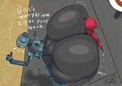 2d_(artwork) against_wall apex_legends ass_focus background bellyboi13 bottom_heavy bubble_butt dialogue dummy gay non-human pathfinder_(apex_legends) robot thick_ass thick_thighs