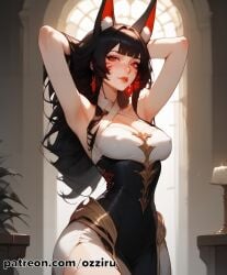 absurd_res ahri ahri_(league_of_legends) ai_generated animal_ears black_hair cat_ears catgirl cute cute_face facial_markings female fox_ears hi_res highres league_of_legends long_hair ozziru patreon red_eyes risen_legend_ahri self_upload sexy uncensored vastaya