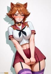 ahoge ai_generated animal_ears artist_name bangs bell black_choker blush breast_pocket breasts brown_eyes brown_hair cat_ears choker closed_mouth collarbone cowboy_shot crop_top embarrassed facial_mark fairy_tail female garter_straps hair_between_eyes high_resolution highres jingle_bell large_breasts looking_at_viewer midriff millianna miniskirt navel neck_bell neckerchief pleated_skirt pocket purple_thighhighs red_skirt sailor_collar school_uniform serafuku shirt short_hair short_sleeves sidelocks simple_background skirt solo stable_diffusion standing striped striped_thighhighs thick_thighs thighhighs thighs waifuscans418 whisker_markings white_background white_shirt