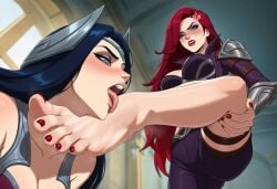 2girls ai_generated barefoot blue_toenails clothed_female domination feet female female_only femdom femsub foot_fetish foot_worship humiliation irefkat irelia_xan katarina_du_couteau league_of_legends multiple_girls red_hair soles toes yuri_lowell