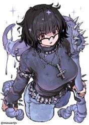 armlet artist_name belt belt_buckle big_breasts black-framed_eyewear black_hair black_nails black_sweater blinky_(hunter_x_hunter) blue_pants breasts brown_eyes buckle chain_necklace chains collar commentary cropped_legs cross cross_necklace denim female from_above goth goth_girl highres holding holding_vacuum_cleaner hunter_x_hunter impossible_clothes impossible_shirt inverted_cross jeans jewelry large_breasts long_sleeves looking_at_viewer masaartjv monster nail_polish necklace pants parted_lips phantom_troupe ring saliva semi-rimless_eyewear shirt shizuku_murasaki short_hair simple_background sleeves_past_wrists sparkle spikes standing studded_armlet studded_belt studded_collar sweater tight_clothes tight_pants tongue tongue_out turtleneck turtleneck_sweater twitter_username vacuum_cleaner white_background