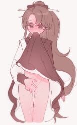 1girls big_eyes brown_eyes brown_hair caramel_arrow_cookie cookie_run cookie_run_kingdom female female_only kimono long_hair pussy pussy_juice pussy_juice_trail skinny_girl skinny_legs