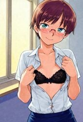 ai_generated bedroom_eyes black_bra blush femboy feminine_male girly glasses hinemosu hinemosu_notari_style light_skinned_femboy looking_back male office office_lady office_lady_outfit otoko_no_ko smile style unbuttoned
