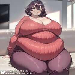 absurd_res ai_generated bbw bbwsupremacy belly_overhang big_ass big_belly big_breasts blue_eyes breasts brown_hair busty chubby chubby_female cleavage curvy fat female female_focus female_only huge_belly huge_breasts jeans large_breasts leggings living_room looking_at_viewer medium_hair morbidly_obese obese obese_female overweight red_sweater smile solo ssbbw sweater thick thick_thighs voluptuous voluptuous_female wide_hips