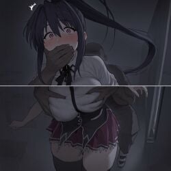 ai_generated akeno_himejima big_breasts breasts classroom clothed_female covering_mouth dark-skinned_male groping groping_breasts high_school_dxd long_hair mouth_hold pluqqi ponytail scared school school_uniform schoolgirl skirt surprised thighhighs thighs