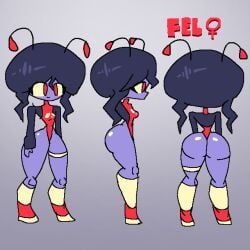 1girls antenna antenna_wire back_view bottom_heavy breasts character_sheet fat_ass fel_the_robot_bug female female_only front_view idle jacket oc original_character phat_ass red_clothing robot robot_girl side_view swimsuit thick_ass thick_thighs