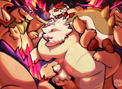 anal anthro ball_fondling balls blush chesnaught digital_media_(artwork) fellatio fondling fur generation_2_pokemon generation_6_pokemon genitals group hi_res humanoid_genitalia humanoid_penis male male/male mammal nintendo open_mouth oral penetration penile penis pokemon pokemon_(species) raburigaron restrained_arms rimming sex simple_background smile tongue tongue_out typhlosion white_body white_fur