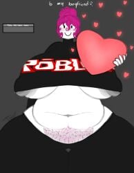 1girl 1girls areola_slip areolae areolae_visible_through_clothing asking black_pants chubby female guest_(roblox) heart nipple_bulge nipple_slip nipples nipples_visible_through_clothing pink_hair pink_pubic_hair pubes pubic_hair roblox robloxian roleplay tagme toxundercover white_skin