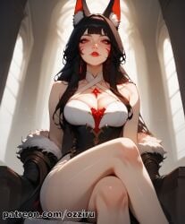 absurd_res ahri ahri_(league_of_legends) ai_generated animal_ears black_hair cat_ears catgirl cute cute_face facial_markings female fox_ears hi_res highres league_of_legends long_hair ozziru patreon red_eyes risen_legend_ahri self_upload sexy uncensored vastaya