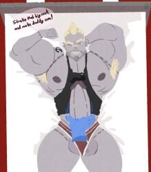 alpha_male anchor_tattoo armpit_hair balls bandage_on_nose big_muscles blonde_hair bodybuilder cocky dialogue djjd27 dominant_male erect_penis handjob huge_biceps huge_cock huge_pecs nipples piercing precum precum_through_clothing skimpy_clothes stroking_penis tank_top tattoo zombie zombie_weeners