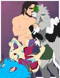absurd_res anthro breast_grab breasts canid canine canis closed_eyes female group group_sex hand_on_breast hi_res human kissing lying male male/female mammal mckay mylah mystic(thenordicoutlaw) nude on_back sex stealing thenordicoutlaw threesome tongue tongue_out trio wolf