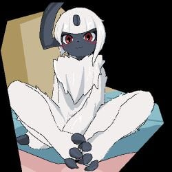 absol animated anthro biped blush censor_bar closed_smile dialogue duo ejaculation erection feet female foot_fetish foot_play footjob fur generation_3_pokemon genitals grey_body heart_eyes heart_symbol looking_at_viewer low_res male male/female mouth_closed multicolored_body nintendo penis pokemon pokemon_(species) question_mark red_eyes sex sky_necko smile text white_body white_fur