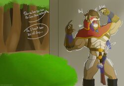 abs anthro armor arms_held balls blush bodily_fluids bottomless bottomwear bottomwear_aside clothed clothing clothing_aside cum cumshot dialogue digital_media_(artwork) disembodied_hand drooling ejaculation erection felid fur gauntlets genital_fluids genitals ghost_hand gloves hair handwear hi_res holding_balls holding_penis humanoid_genitalia humanoid_penis klr-rio la'an lion loincloth loincloth_aside male male_only mammal muscular muscular_anthro muscular_male nipple_fetish nipple_play nipple_pull nipples one_eye_closed open_mouth orgasm pantherine penis plant pubes raised_arms robe saliva simple_background solo solo_focus speech_bubble stroking_penis text tongue topwear tree unconvincing_armor