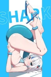 1girls anklet bikini_top blue_eyes blue_hair blush bottomless bracelet female flat_chest flip_flops full_body gawr_gura hairclip hashira_14 hololive hololive_english hololive_myth long_hair sandals shark_girl shark_tail solo solo_female striped_bikini_top tail two_tone_hair virtual_youtuber white_hair