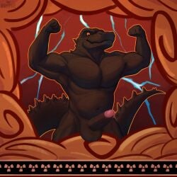 1:1 anthro balls digital_drawing_(artwork) digital_media_(artwork) genitals godzilla godzilla_(series) hi_res humanoid humanoid_genitalia humanoid_penis kaiju krepht male male/male musclegut muscular muscular_male penis saggy_balls scalie solo toho
