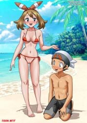 1boy 1girls barefoot bbmbbf beach blue_eyes blush breasts brendan_(pokemon) brown_hair brown_hair_female brown_hair_male erection erection_under_clothes feet female male male/female may_(pokemon) nintendo open_mouth palcomix pokemon pokepornlive pussy tongue toon.wtf