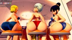 2k 3d 3d_(artwork) 3d_model 3girls android_18 artist_name ass ass_focus beach big_ass bikini black_eyes black_hair blender blender_(software) blender_cycles blonde_hair blue_eyes blue_hair bulma_briefs chichi dragon_ball dragon_ball_z ember21hk female female_focus female_only glaring glaring_at_viewer grabbing_own_ass hand_on_butt highres looking_at_viewer looking_back looking_back_at_viewer raised_eyebrow restaurant short_hair sitting_on_chair smirking smirking_at_viewer stool_(chair)