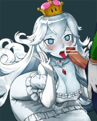 1boy 1girls armwear blue_eyes blue_overalls blush boosette breasts censor_bar censored_penis cleavage clothing crown dress duo erection faceless_male female female_focus genitals ghost ghost_girl gloves green_shirt hair haraya light-skinned_male light_skin long_hair looking_at_penis luigi male male/female mario_(series) mature mature_female mature_male necklace nintendo open_mouth overalls penis penis_out shirt straight tongue tongue_out unseen_male_face voluptuous voluptuous_female white_armwear white_dress white_gloves white_hair