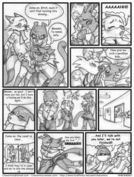 2009 animal_genitalia animal_penis ash_(chacomics) balls bottomless canine canine_penis charlie_(chacomics) clothed clothing comic cum feline fox lobozamora male mammal monochrome oral penis samy_(chacomics) traditional_media_(artwork) yaoi young