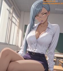 ai_generated classroom code_geass dark_skin ganguro grey_hair haart_ai teacher teacher_outfit villetta_nu white_hair yellow_eyes