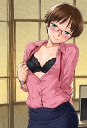 ai_generated bedroom_eyes black_bra blush femboy feminine_male girly glasses hinemosu hinemosu_notari_style light_skinned_femboy looking_back male office office_lady office_lady_outfit otoko_no_ko smile style unbuttoned