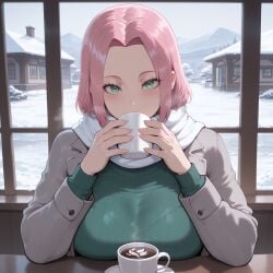 ai_generated cafe coat coffee_mug date female green_eyes intimacy naruto naruto_(series) naruto_shippuden pink_hair romantic sakura_haruno scarf short_hair solo solo_female sweater tagme tokoloshka winter