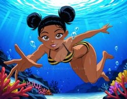 2025 ai_generated beach black_and_yellow_bikini black_eyebrows black_hair_female brown_eyes bumblebee_(dc) cartoon_network dc deviantart elryusam looking_at_viewer meta not_porn ocean red_lipstick smile_at_viewer smiling_at_viewer swimming teen_titans wet_bikini wet_body wet_skin