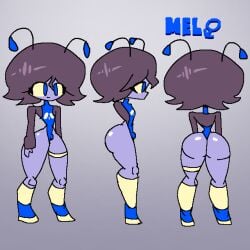1boy antenna antenna_wire ass back_view blue_clothing bottom_heavy bottom_heavy_femboy buldge character_sheet fat_ass femboy front_view idle jacket male male_only mel_the_robot_bug oc original_character phat_ass robot robot_boy side_view swimsuit thick_ass thick_thighs wavy_hair