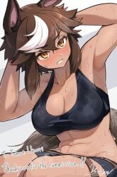 1girls abs anime anime_girl brown_hair commission female fit fit_female gold_eyes horse horse_ears horse_girl military pinup skunk_stripe sports_bra sweat tomboy umari_tomoe v-dere virtual_youtuber vtuber waifu white_streak