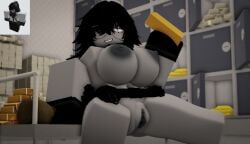 1girls 3d areolae bank belt big_ass big_breasts black_hair breasts cart female glasses gloves gold_(metal) gold_bar gold_jewelry grey_body grey_skin heist money money_bag ninjashyper2 nipples public public_nudity pussy reference_image robber robbery roblox roblox_avatar robloxian round_glasses self_upload sitting solo solo_female spread_legs thighs waving white_eyes