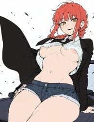 1girls ai_generated areola_slip bangs black_jacket black_necktie braid braided_ponytail breasts chainsaw_man collared_shirt cutoffs denim denim_shorts female female_only formal jacket large_breasts long_hair long_sleeves looking_at_viewer makima_(chainsaw_man) medium_breasts motor_vehicle navel necktie nipple_slip nipples no_bra open_clothes open_mouth orange_eyes red_hair ringed_eyes shirt short_shorts shorts sidelocks simple_background sitting smile solo sondu suit thighs underboob white_background white_shirt wind yellow_eyes