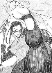 ballbusting ballbusting_orgasm balls ballsack black_hair cbt cock_and_ball_torture cumming dominant_female dragon_blanche evil_grin evil_smile eyepatch feet female femdom foot_fetish foot_focus gloves long_hair oc painted_toenails penis smug soles stirrup_legwear stirrup_stockings toes