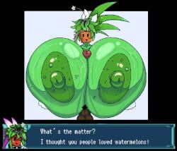 areola big_areola big_breasts big_nipples big_penis black_eyes blaster_master breast_play breasts brown_body brown_skin duo elemental_creature elemental_humanoid english_text erection exclamation_point female first_person_view for_a_head genitals green_areola green_body green_nipples huge_areola huge_breasts huge_cock humanoid hyper hyper_breasts hyper_genitalia hyper_penis kanna_(blaster_master) looking_at_viewer male male/female male_pov montgomery_glands nipples not_furry nude open_mouth penis pubes question_mark sex text titjob varix