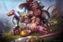 absurd_res anal anal_sex anthro armor bodily_fluids charr dominant dominant_male drooling duo felid feline genitals guild_wars hi_res humanoid_genitalia humanoid_penis legs_up male male/male male_penetrated male_penetrating mammal muscular muscular_anthro muscular_male penetration penis pinned pinned_arms pinned_to_ground saliva struggling struggling_prey tail tattoo teeth tongue tongue_out voldyscribbles warrior