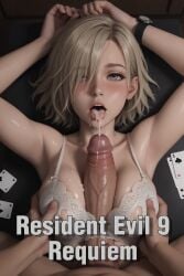 1boy after_fellatio armpits arms_up ashcroft bangs blonde_hair blue_eyes blush bra breast_grab breasts card cleavage clothed_female_nude_male cum cum_in_mouth cum_on_body cum_on_breasts cum_on_tongue english_text erection facial female from_above grabbing grace hair_over_one_eye large_breasts lips looking_at_viewer looking_up lying male_pubic_hair nude on_back open_mouth oral original paid_reward paizuri penis playing_card pov pubic_hair resident_evil short_hair solo_focus straight sweat tongue tongue_out uncensored underwear upper_body veins veiny_penis watch white_bra