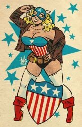 1girls 2025 artist_signature big_breasts blonde_hair boots busty captain_america cleavage genderswap_(mtf) light-skinned_female light_skin marvel marvel_comics rule_63 rule_63 shield small_waist stars superheroine thedarkcartoon thick_thighs thighhighs thighs