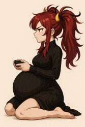 1girls ai_generated belly controller female female_only gaming holding_controller holding_object horns kya_nini orange_eyes playing_videogame pregnant pregnant_female red_hair solo solo_female turtleneck turtleneck_sweater virtual_youtuber vtuber