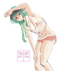 1girls female green_hair ichi_the_witch komugi light-skinned_female light_skin pubic_hair_peek scharlottelambo shorts small_breasts sportswear sweaty