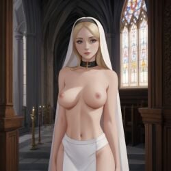 ai_generated beautiful blasphemy blonde_female blonde_hair blonde_hair_female breasts choker church church_interior collar exposed_breasts female female_focus female_only forbidden_affairs human human_female looking_at_viewer medium_breasts nhumanfuture nun nun_outfit original original_character perfect_body perfect_boobs seductive_body topless topless_female worship