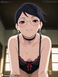 1girls ai_generated alternate_costume black_hair boruto:_two_blue_vortex bra clothed female female_only glasses naruto naruto_(series) sarada_uchiha shounen_jump teenage_girl teenager weekly_shonen_jump