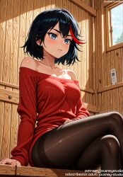 ai_generated arm_support bangs bare_shoulders black_hair black_legwear black_pantyhose blue_eyes blush breasts brown_legwear brown_pantyhose cable_knit chair clavicle closed_mouth clothing collarbone crossed_legs day dress eyebrows female female female_only indoors jousneystudio kill_la_kill large_breasts legwear long_sleeves matoi_ryuuko medium_breasts multicolored_hair off-shoulder_sweater off_shoulder pantyhose red_hair red_sweater shirt short_hair sitting skirt solo streaked_hair sweater sweater_dress thighband_pantyhose thighs two-tone_hair window wooden_wall
