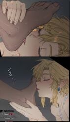 2boys ai_generated bikini blonde_hair blue_eyes blush collarbone comic crossdressing cuckhold cuckquean dark-skinned_male dark_skin dark_skinned_male earrings english_text gay gay_sex hug interracial jewelry link lovehent male male_focus micro_bikini multiple_boys navel otoko_no_ko penis pointy_ears ponytail sissy sissygasm smile speech_bubble swimsuit thighhighs white_bikini white_thighhighs yaoi zelda_(breath_of_the_wild)