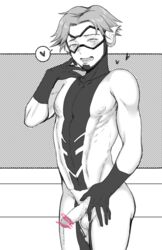 1boy blush erection goggles kiricloud male_only monochrome nipples penis solo tagme testicles torn_clothes