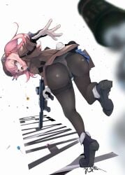 absurdres beret black_boots black_pantyhose boots brown_hair candy cheeta_(girls'_frontline_2) commentary_request english_text explosive female food full_body girls'_frontline girls'_frontline_2:_exilium grenade grey_eyes gun h&k_mp7 hat highres holding holding_gun holding_weapon leg_up lollipop looking_at_viewer looking_back mp7_(girls'_frontline) one_side_up open_mouth panties panties_under_pantyhose pantyhose pantyshot pink_hair simple_background smoke_grenade solo submachine_gun todoroki_mushi underwear weapon white_background white_panties