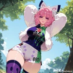 ai_generated arms_behind_head asymmetrical_legwear balecxi drill_hair female flipped_hair hairband klara_(pokemon) large_breasts looking_at_viewer makeup mismatched_legwear mole mole_under_mouth outdoors patreon_username pink_eyeshadow pink_hair pink_lips pokemon pokemon_ss print_shirt print_shorts print_thighhighs purple_eyes short_hair solo thighs tree twin_drills white_jacket