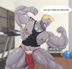 alpha_male anchor_tattoo armpit_hair balls bandage_on_nose big_muscles blonde_hair bodybuilder bulge cocky dialogue dominant_male huge_biceps huge_cock huge_pecs mireikiphanie nipples piercing red_underwear skimpy_clothes tank_top tattoo zombie zombie_weeners