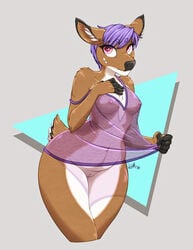 <3_eyes 2016 anthro areola bottomless breasts cervine clothed clothing deer female hair heart hi_res hobbsmeerkat looking_at_viewer mammal nightgown nipples pink_eyes purple_hair pussy see-through short_hair solo